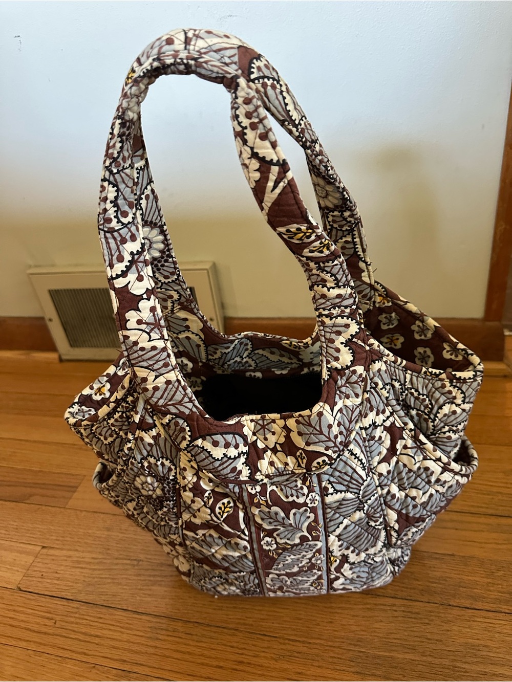 Vera Bradley Floral Tote Bag in Brown and Cream with side pockets